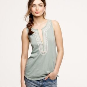 J. Crew Sage Green Linen Blend Embroidered V-Neck Tank Top Size Small